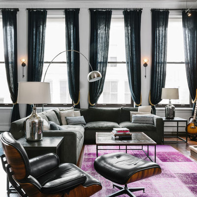 Example of a large trendy open concept dark wood floor living room design in New York with a standard fireplace, a media wall, a music area, white walls and a metal fireplace