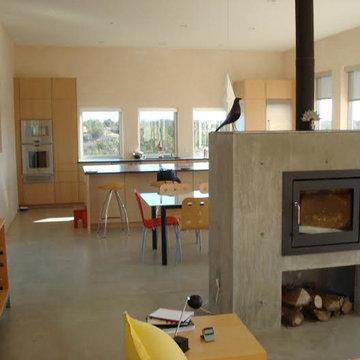 Solar "E" crete , plaster walls, cast wood stove surround