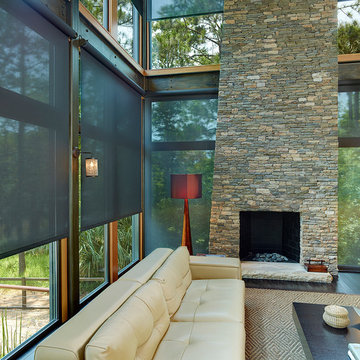 Solar Shades & Living Room with stone fireplace