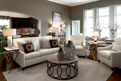 Example of a mid-sized transitional open concept and formal medium tone wood floor living room design in Other with gray walls, no fireplace and no tv