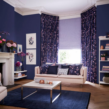 Sorana Indigo curtains and Radiance Lavender Roman blind. Both fabrics from Indi