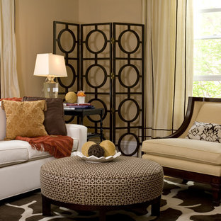 Example of a trendy living room design in Boston with beige walls