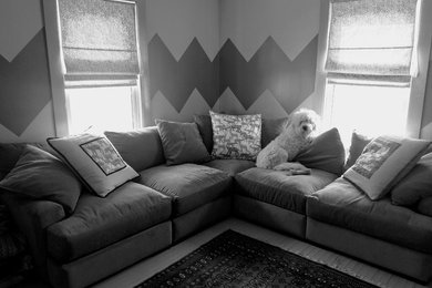 Example of a mid-sized eclectic open concept living room design in Portland Maine with gray walls