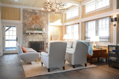 Living room - mid-sized rustic formal and open concept vinyl floor living room idea in Bridgeport with beige walls, a standard fireplace and a stone fireplace