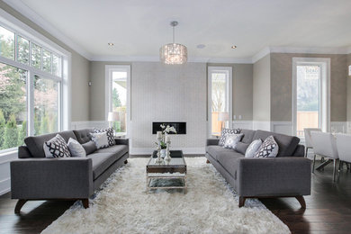 Example of a mid-sized transitional open concept and formal dark wood floor living room design in Vancouver with beige walls, a ribbon fireplace, a tile fireplace and no tv