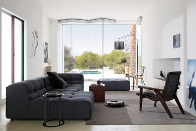 Пример оригинального дизайна: гостиная комната в современном стиле с белыми стенами и бетонным полом