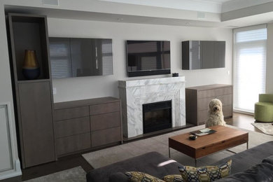 Inspiration for a mid-sized modern dark wood floor living room remodel in Toronto with gray walls, a standard fireplace, a stone fireplace and a media wall