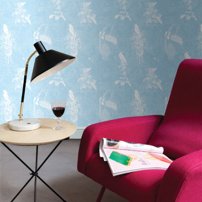 Example of a trendy carpeted living room design in Toronto with blue walls
