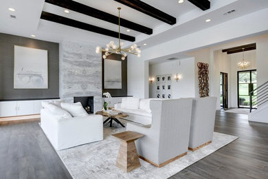 Living room - contemporary dark wood floor and brown floor living room idea in Austin with white walls, a standard fireplace and a stone fireplace