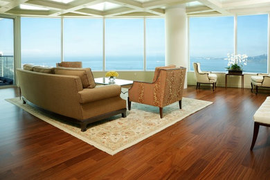 Living room - large modern formal and open concept medium tone wood floor living room idea in San Francisco with white walls, no fireplace and no tv