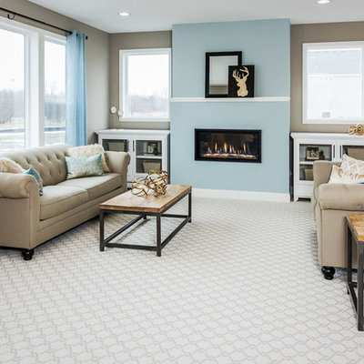 Living room - transitional formal and enclosed carpeted and multicolored floor living room idea in Minneapolis with beige walls, a ribbon fireplace and no tv