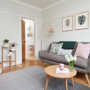Small scandinavian enclosed living room in Hertfordshire with grey walls, light hardwood flooring and brown floors.
