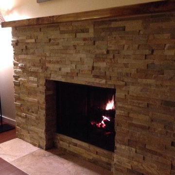 Stack stone fireplace