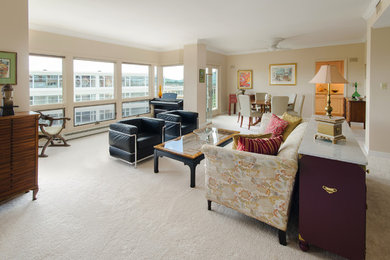 Example of a mid-sized trendy formal and open concept carpeted living room design in Richmond with beige walls and no tv