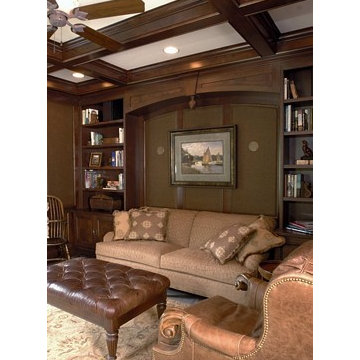 Stained Wood Library with Coffered Ceiling and Grass Cloth Wall Covering