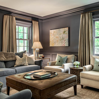 Mid-sized elegant formal and enclosed living room photo in New York with gray walls and a media wall