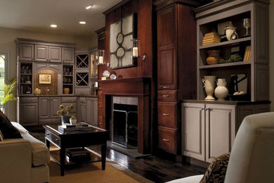 Example of a mid-sized classic dark wood floor living room design in Chicago with a bar, a standard fireplace and no tv