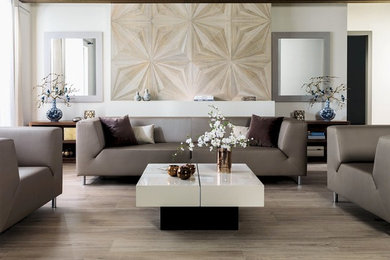 Foto di un soggiorno design con pareti bianche, pavimento in gres porcellanato, nessun camino e nessuna TV