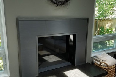 Large modern living room in Sacramento with a standard fireplace and a metal fireplace surround.