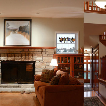 Stone fire place and open stairway