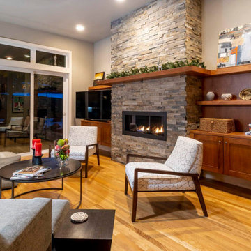 Stone fireplace and floating built-ins in Bend, Oregon
