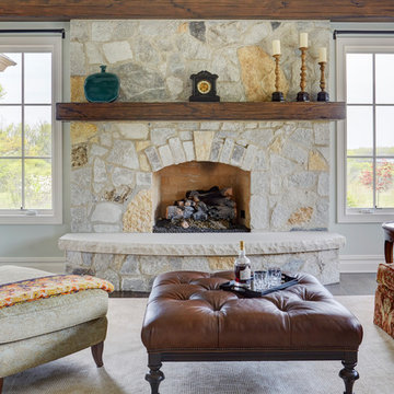 Stone Fireplace with Hand Hewn Fir Mantle