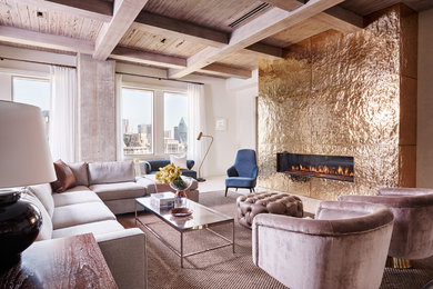 Example of a trendy living room design in Dallas with white walls and a ribbon fireplace