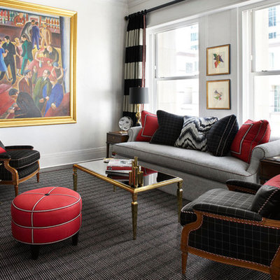 Inspiration for a mid-sized contemporary formal and enclosed dark wood floor and brown floor living room remodel in Chicago with white walls, no tv and no fireplace