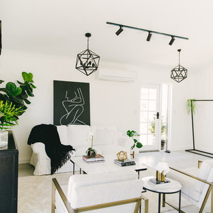 Design ideas for a contemporary formal open concept living room in Perth with white walls and white floor.