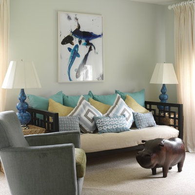 Mid-sized beach style formal and enclosed carpeted living room photo in New York with green walls, no fireplace and no tv