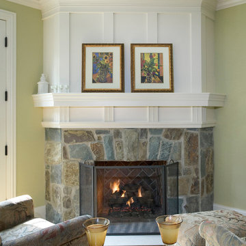 Study with Painted White Millmade Fireplace and Stone Surround