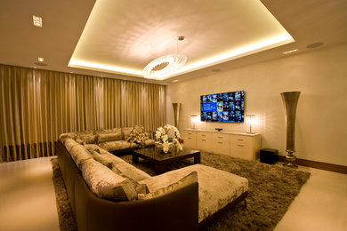 Photo of a medium sized modern formal open plan living room in London with a wall mounted tv.