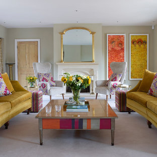 Design ideas for a traditional living room in Other with grey walls, carpet, a standard fireplace and white floors.
