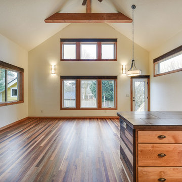 Sunnyside great room with reclaimed wood floors & trim throughout