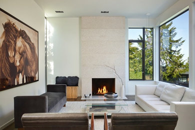 Inspiration for a contemporary formal dark wood floor living room remodel in Seattle with white walls and a standard fireplace