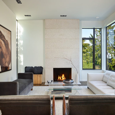 Example of a trendy living room design in Seattle with white walls and a standard fireplace