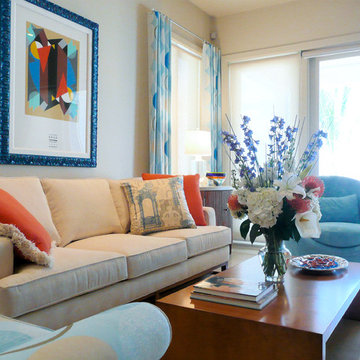 Living Room in Neutrals with Blue and Orange