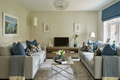 Small trendy enclosed living room photo in Sussex with gray walls, a tv stand and no fireplace