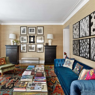 Photo of a large bohemian formal enclosed living room in London with beige walls.