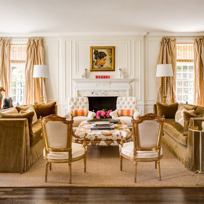 Example of a classic formal and enclosed dark wood floor living room design in Portland with white walls, a standard fireplace and no tv