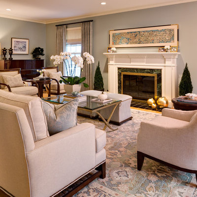 Inspiration for a large timeless open concept medium tone wood floor living room remodel in Portland with blue walls, a standard fireplace, a tile fireplace and a music area