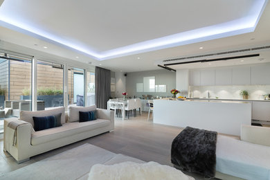 Photo of a large contemporary formal enclosed living room in London with grey walls and light hardwood flooring.