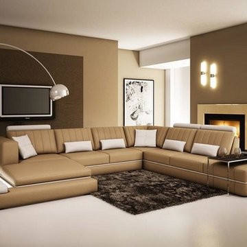 Tan and White Bonded Leather Sectional Sofa with Adjustable Headrests