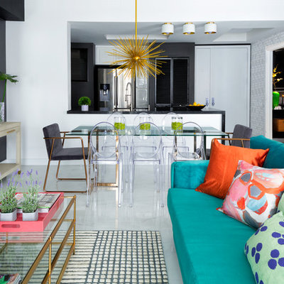 Inspiration for a small eclectic formal and open concept porcelain tile and white floor living room remodel in Miami with black walls