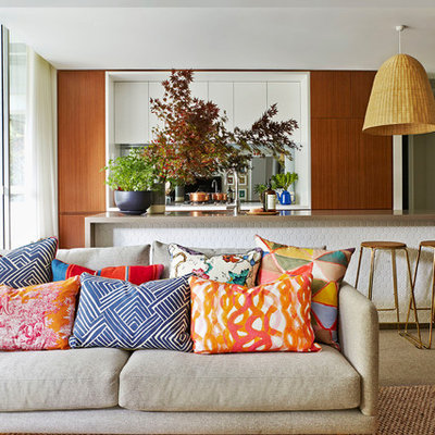 Inspiration for a mid-sized contemporary open concept carpeted living room remodel in Sydney with gray walls