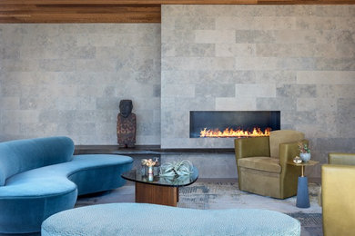 Living room - large contemporary open concept porcelain tile and gray floor living room idea in Seattle with gray walls, a ribbon fireplace and a stone fireplace