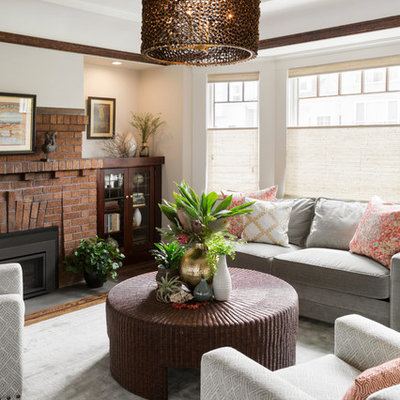 Inspiration for a large transitional enclosed and formal dark wood floor living room remodel in San Francisco with gray walls, a standard fireplace, a brick fireplace and no tv