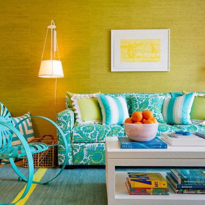 Living room - contemporary living room idea in New York with green walls