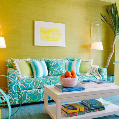 Inspiration for a contemporary living room remodel in New York with green walls