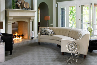 Living room - mid-sized traditional open concept carpeted and gray floor living room idea in New York with green walls and a standard fireplace